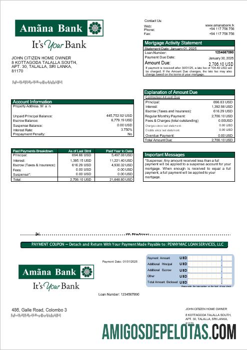 Extrato de hipoteca do Amana Bank do Sri Lanka em formatos Word e PDF exemplo